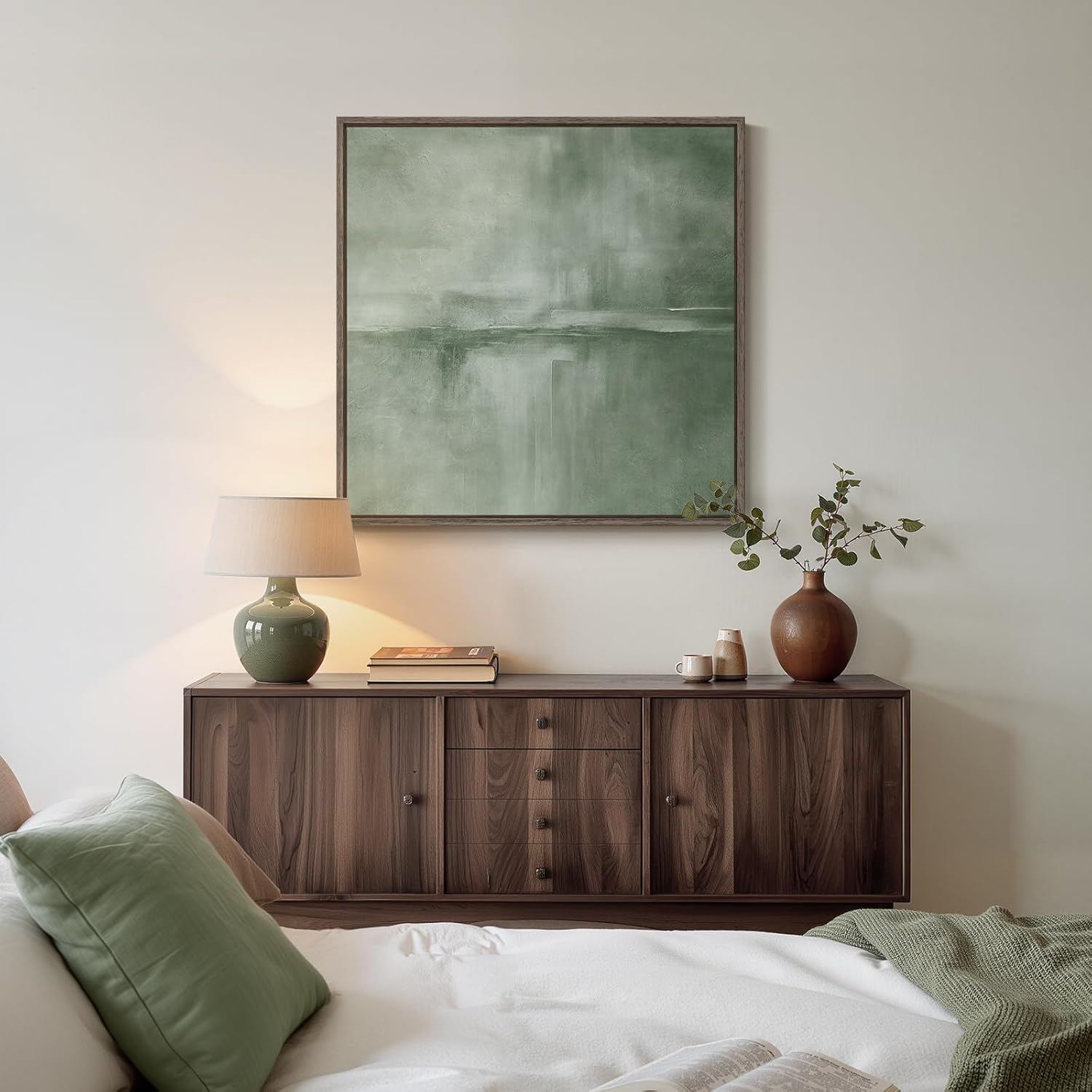 Cuspin Sage Green Framed Abstract Wall Art - Modern Square Canvas Print (30x30)