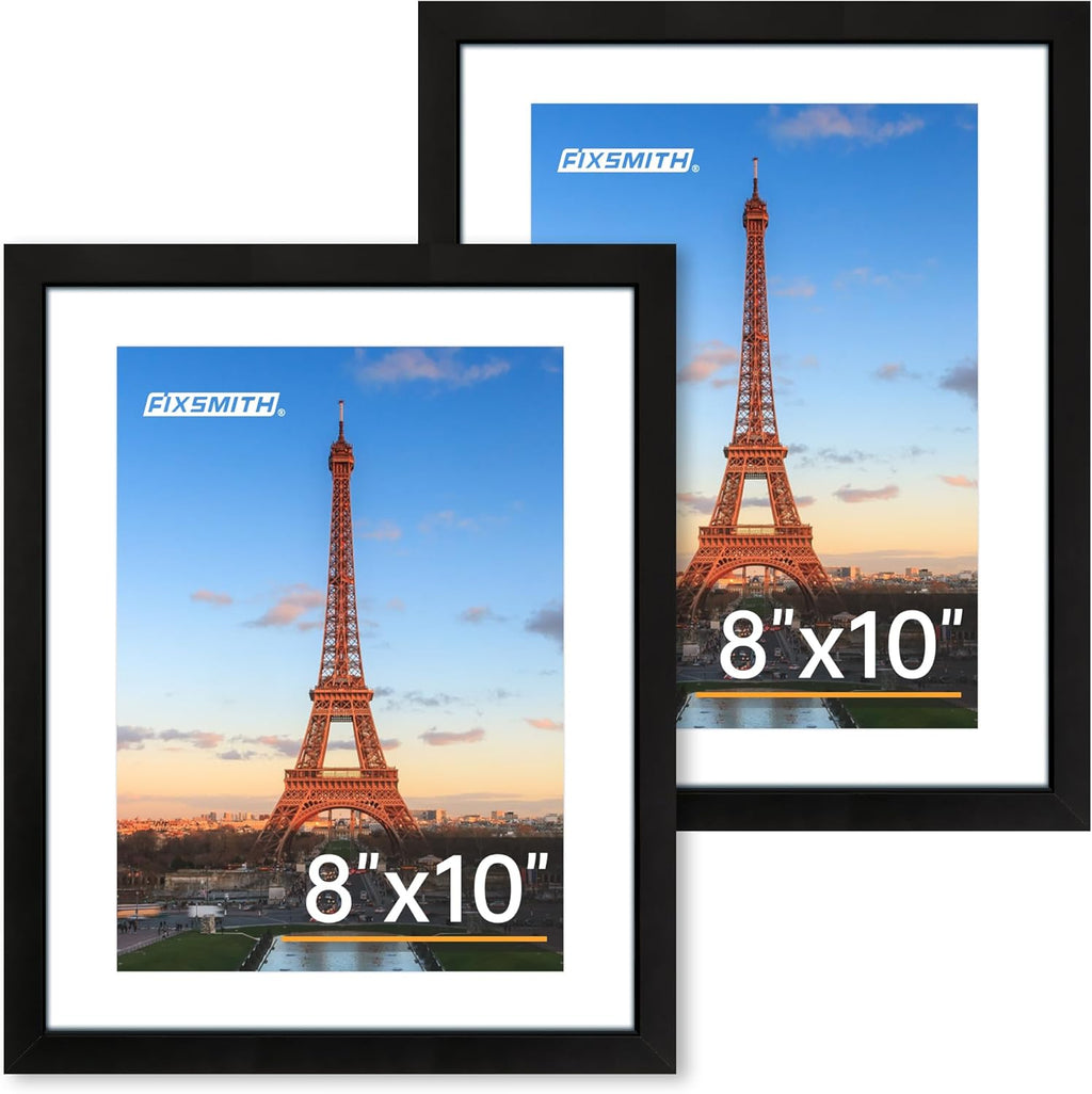 FIXSMITH 8x10 Picture Frame Set (2-Pack) - Black Wall/Tabletop Frames for 5x7 & 8x10 Photos
