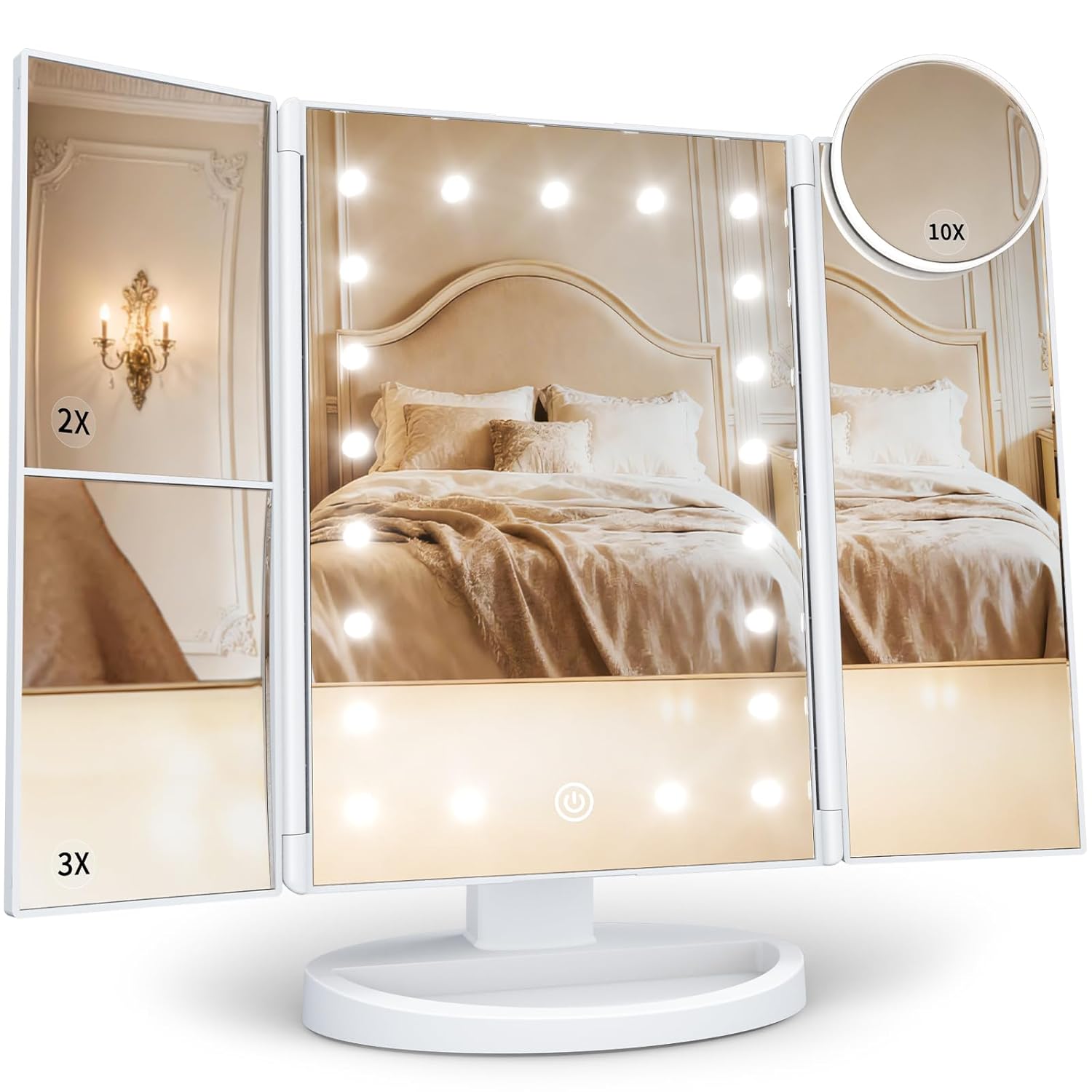 HUONUL Lighted Makeup Mirror - 2X/3X/10X Magnification, Trifold, Dual Power