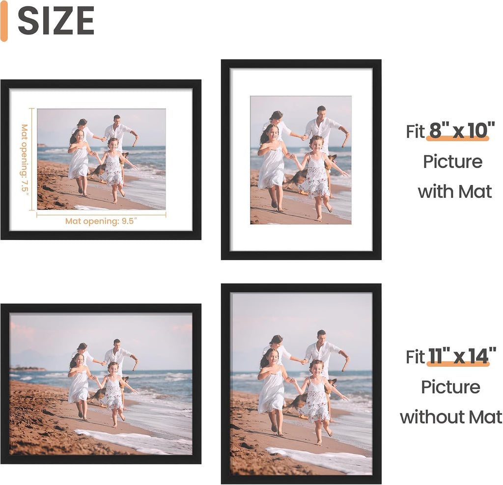 upsimples 11x14 Black Picture Frame - Fits 8x10 with Mat or 11x14 Without, Wall Mount