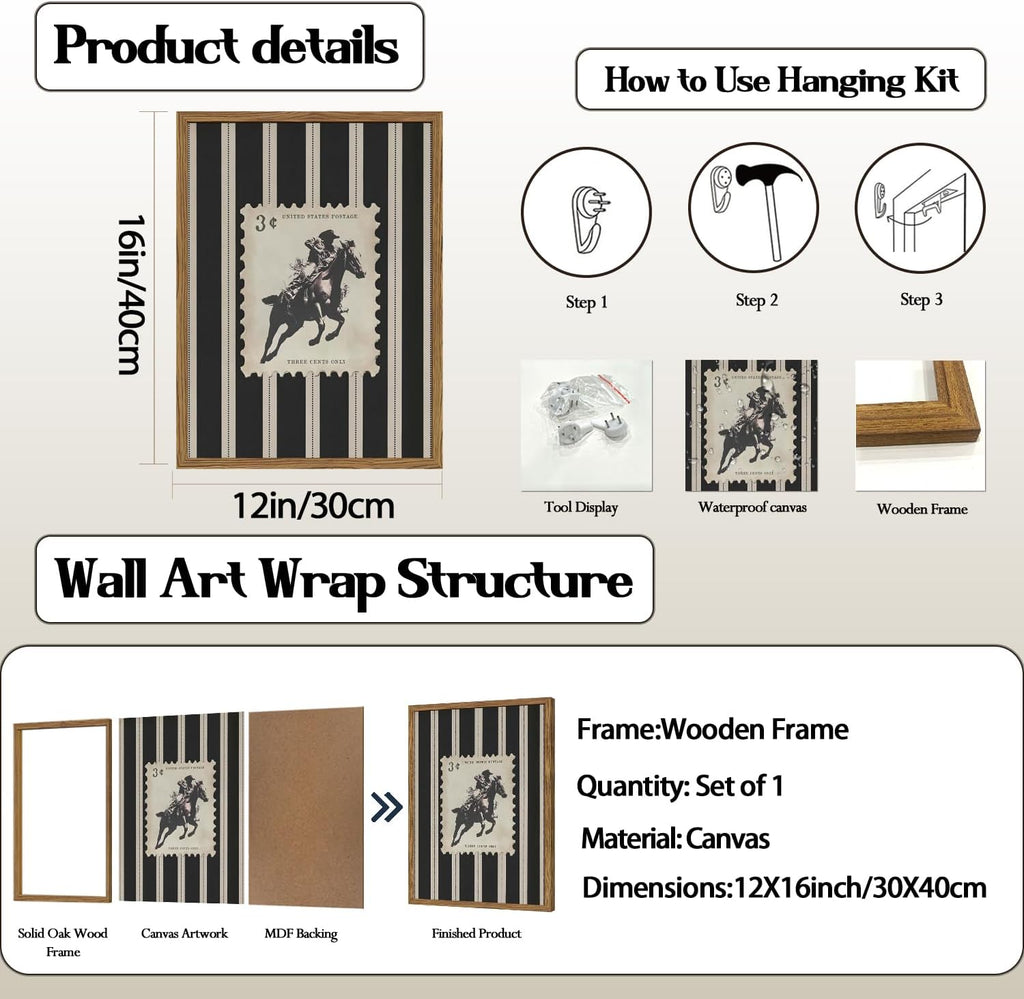 Vintage Western Cowboy Wall Art - Black & White Striped Framed Canvas Print (12x16)