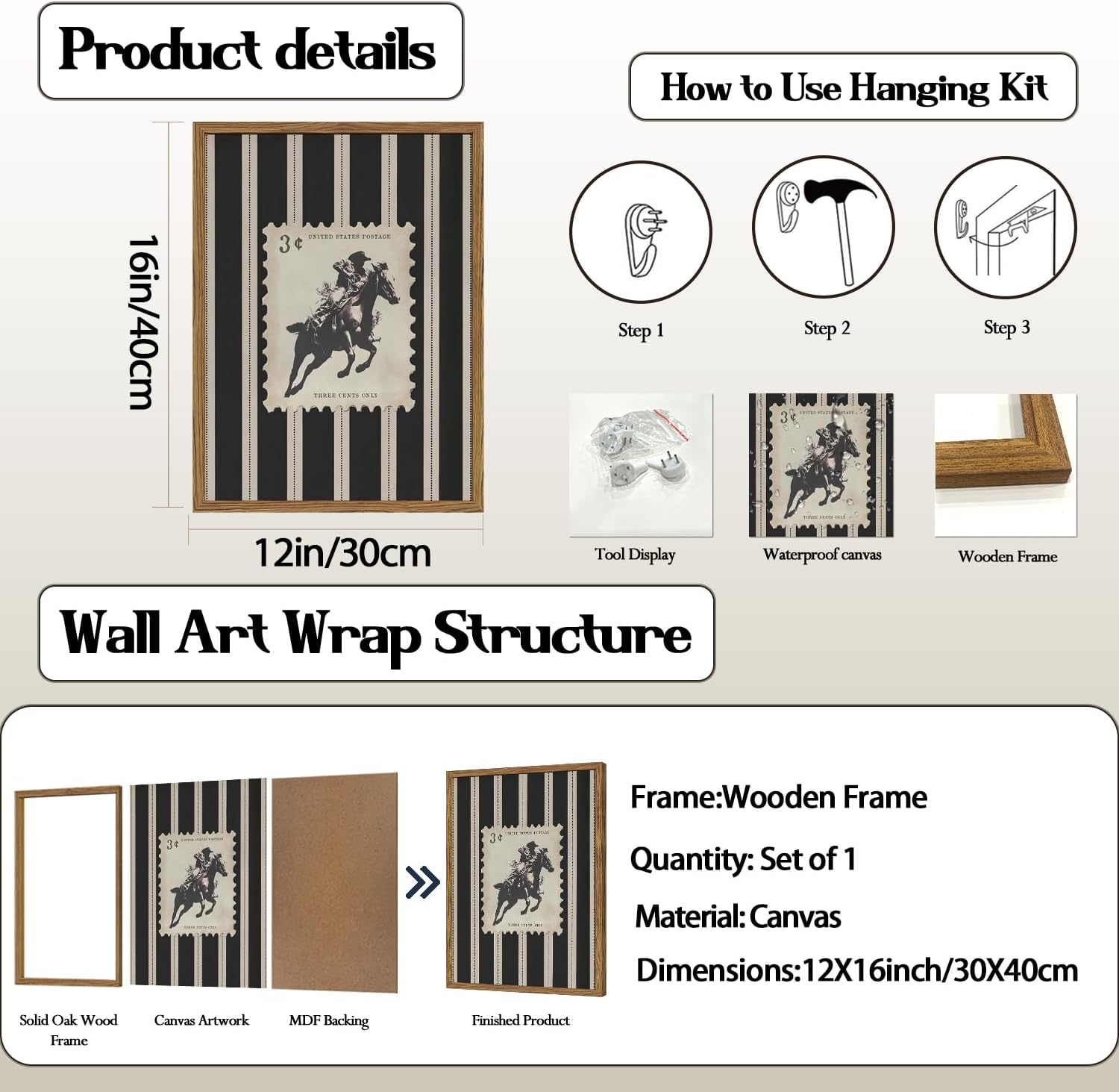 Vintage Western Cowboy Wall Art - Black & White Striped Framed Canvas Print (12x16)