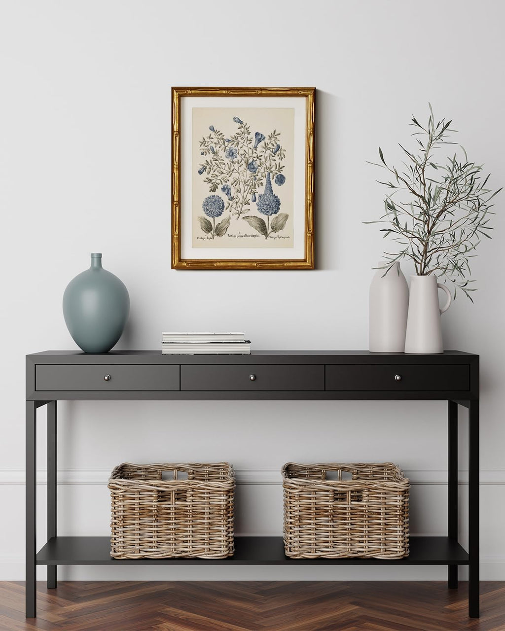 InSimSea Vintage Blue Hydrangea Framed Canvas Wall Art - Gold Bamboo Frame, 11x14in