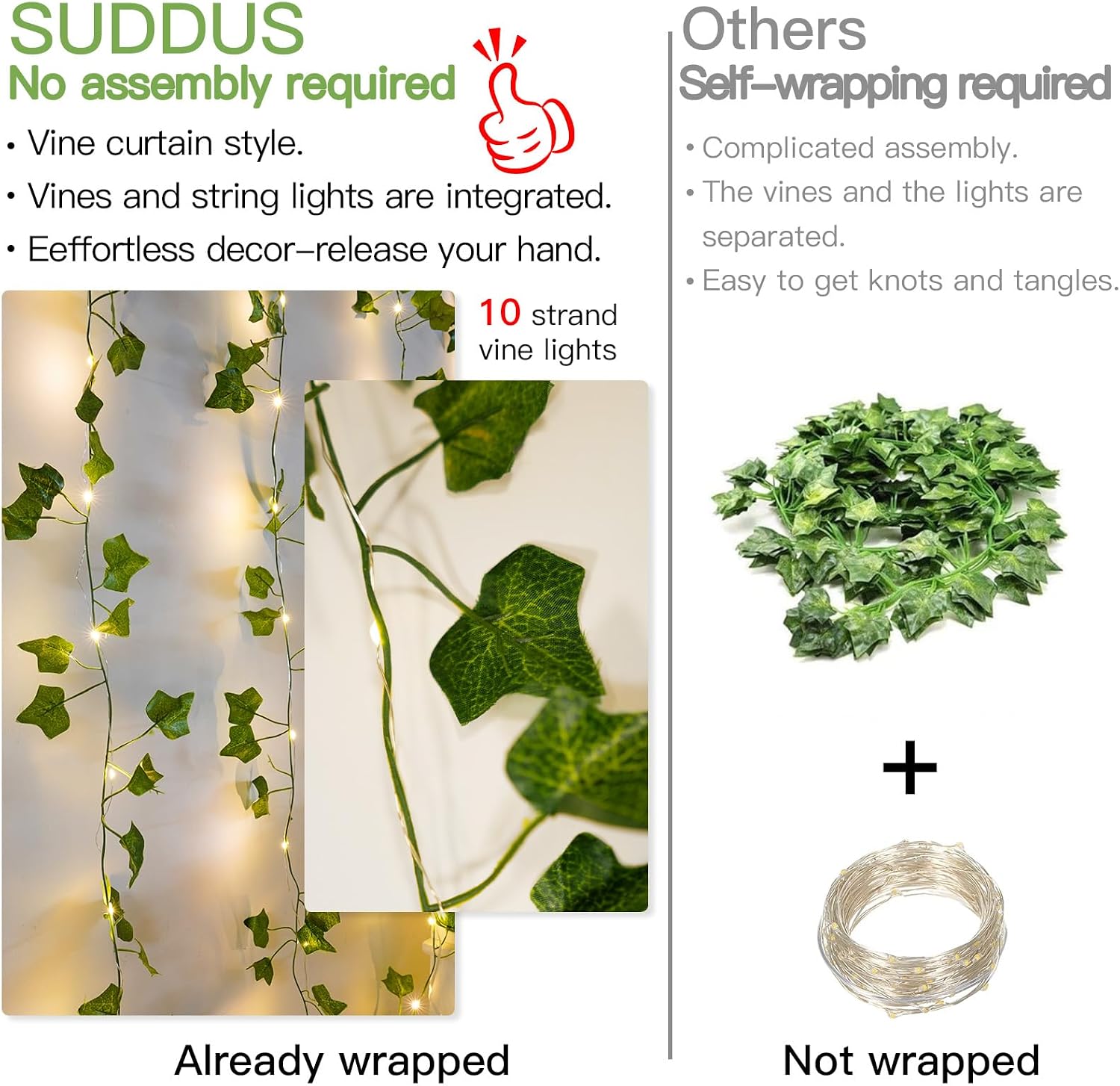 Suddus 200 LED Ivy Curtain Lights for Bedroom - 6.5ft x 6.5ft with Remote (Warm White)