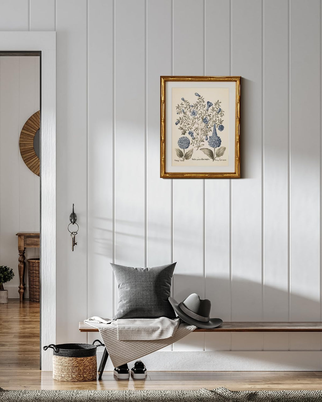InSimSea Vintage Blue Hydrangea Framed Canvas Wall Art - Gold Bamboo Frame, 11x14in