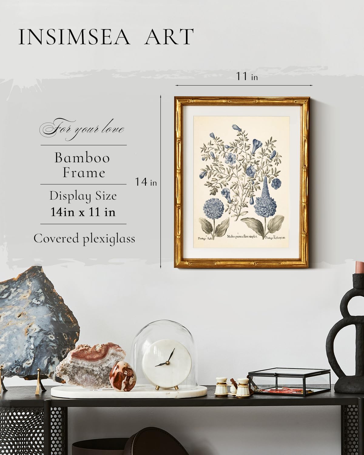 InSimSea Vintage Blue Hydrangea Framed Canvas Wall Art - Gold Bamboo Frame, 11x14in