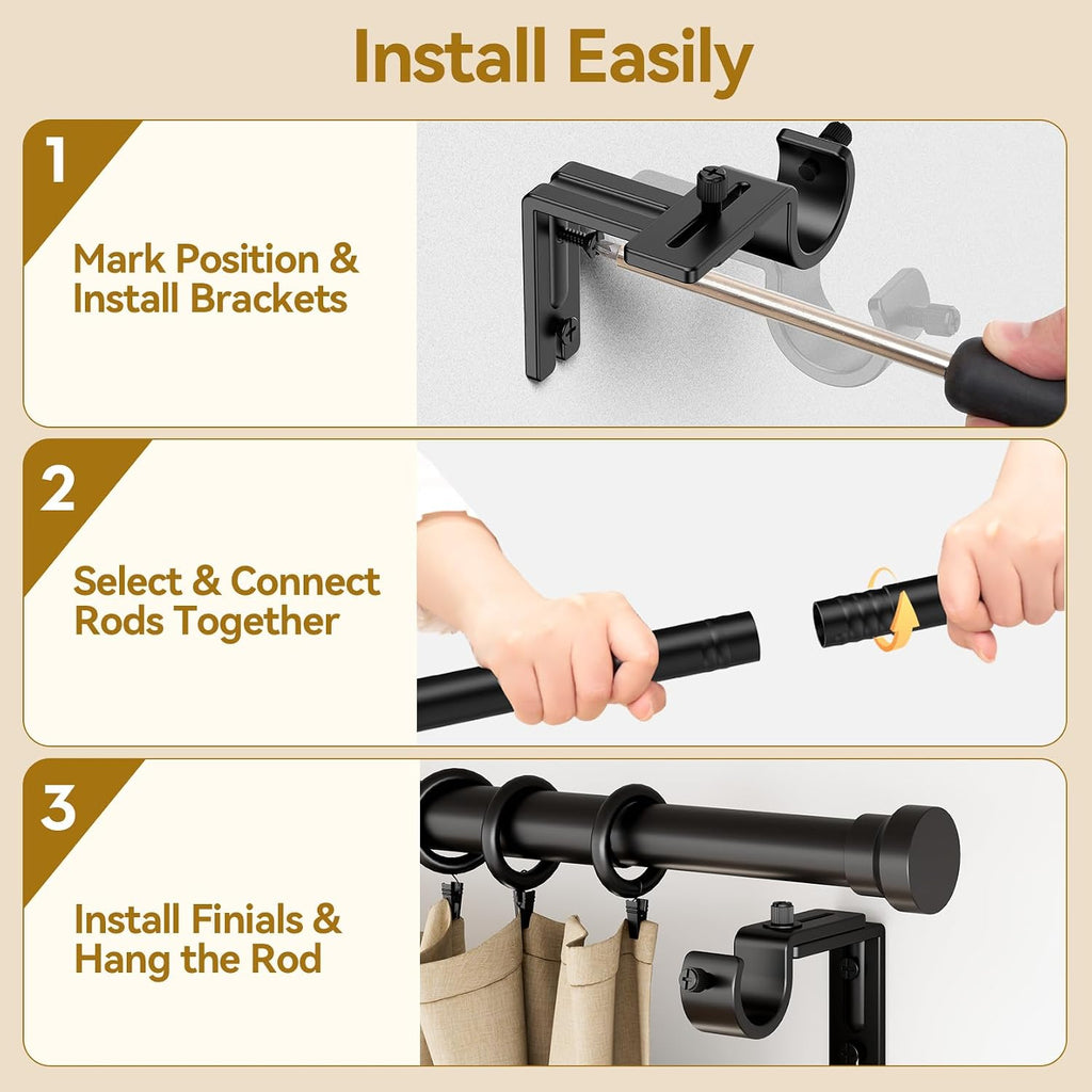 YaFex 32-144 Inch Heavy-Duty Adjustable Black Window Curtain Rod