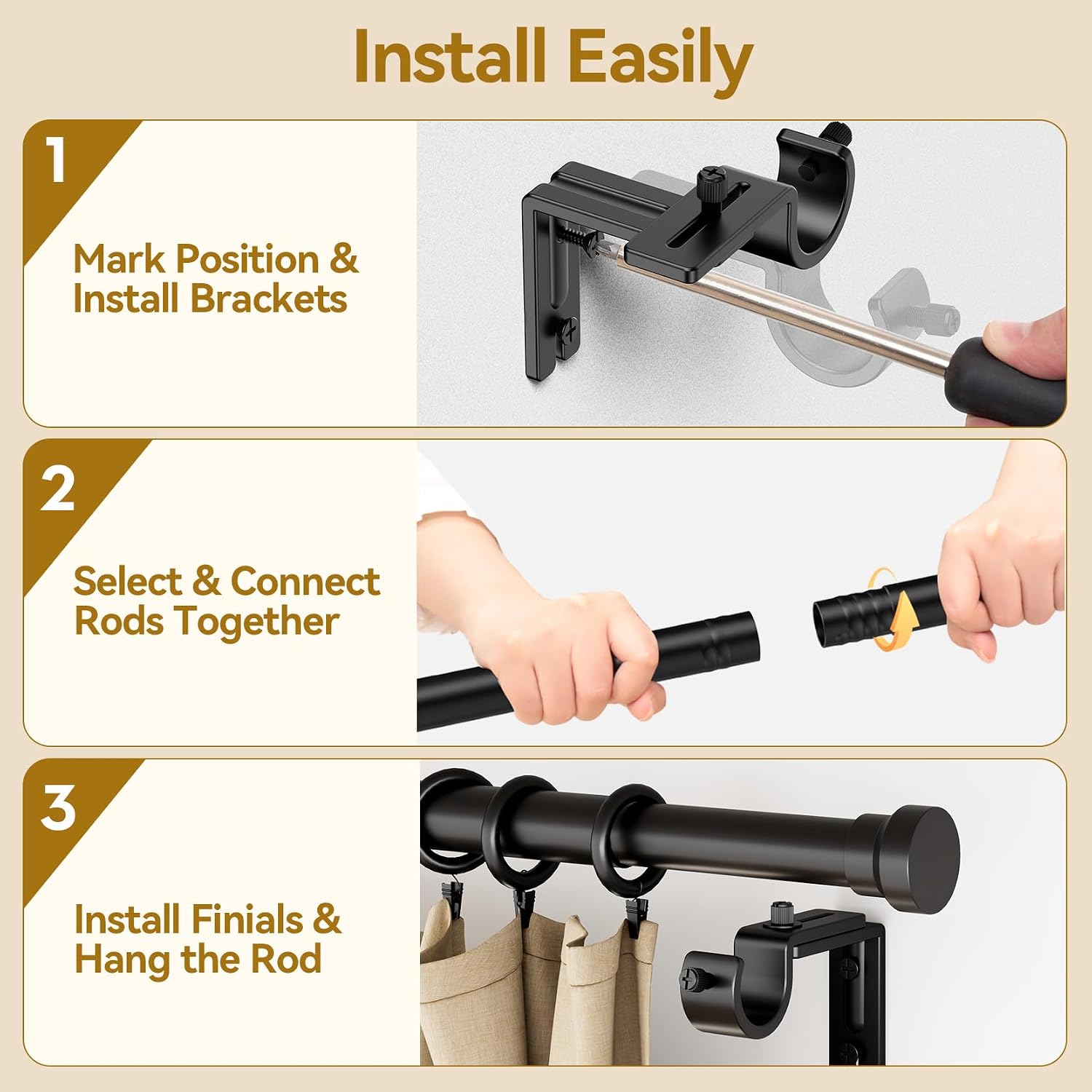 YaFex 32-144 Inch Heavy-Duty Adjustable Black Window Curtain Rod