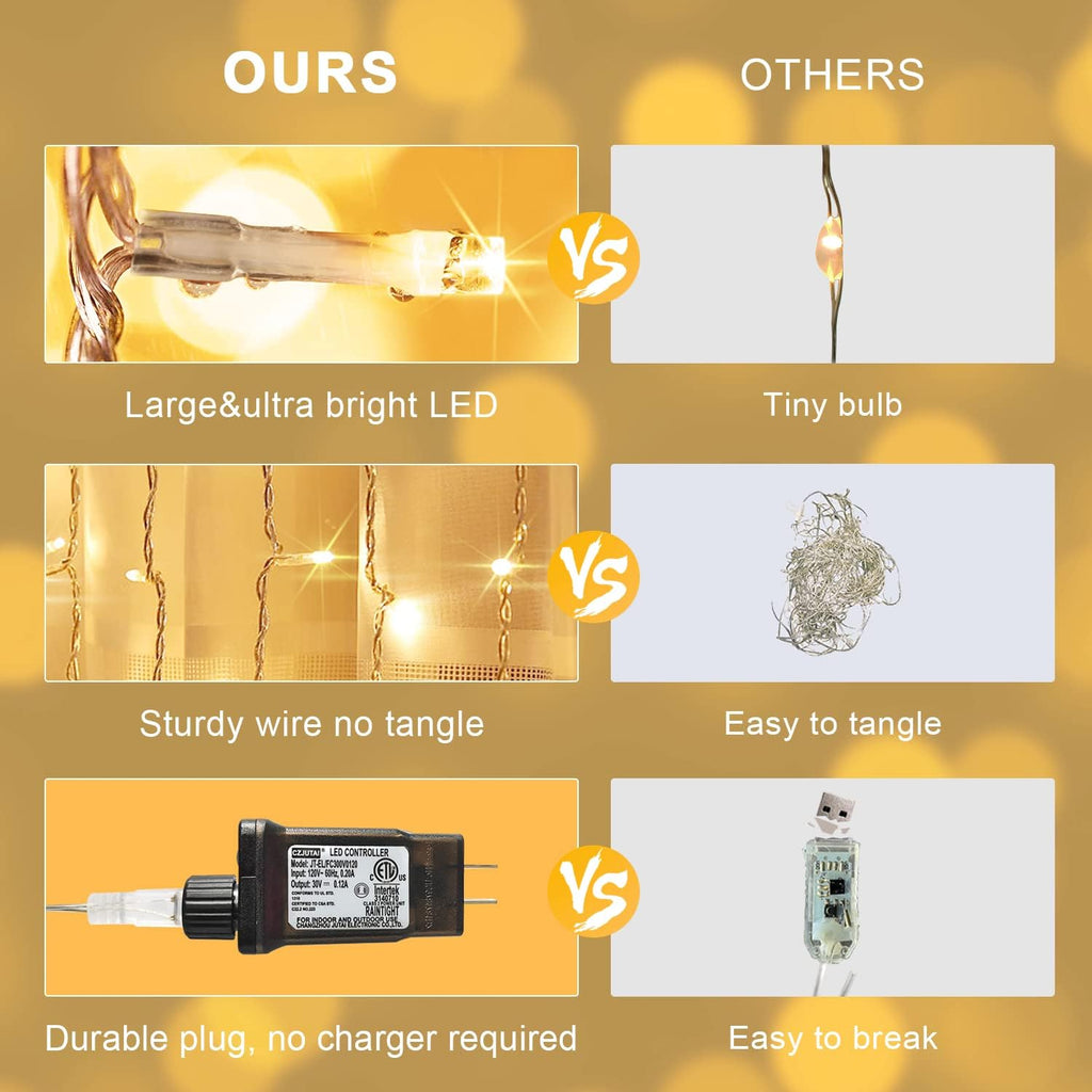 JMEXSUSS 300 LED Remote Control Indoor Outdoor Curtain Lights - Warm White