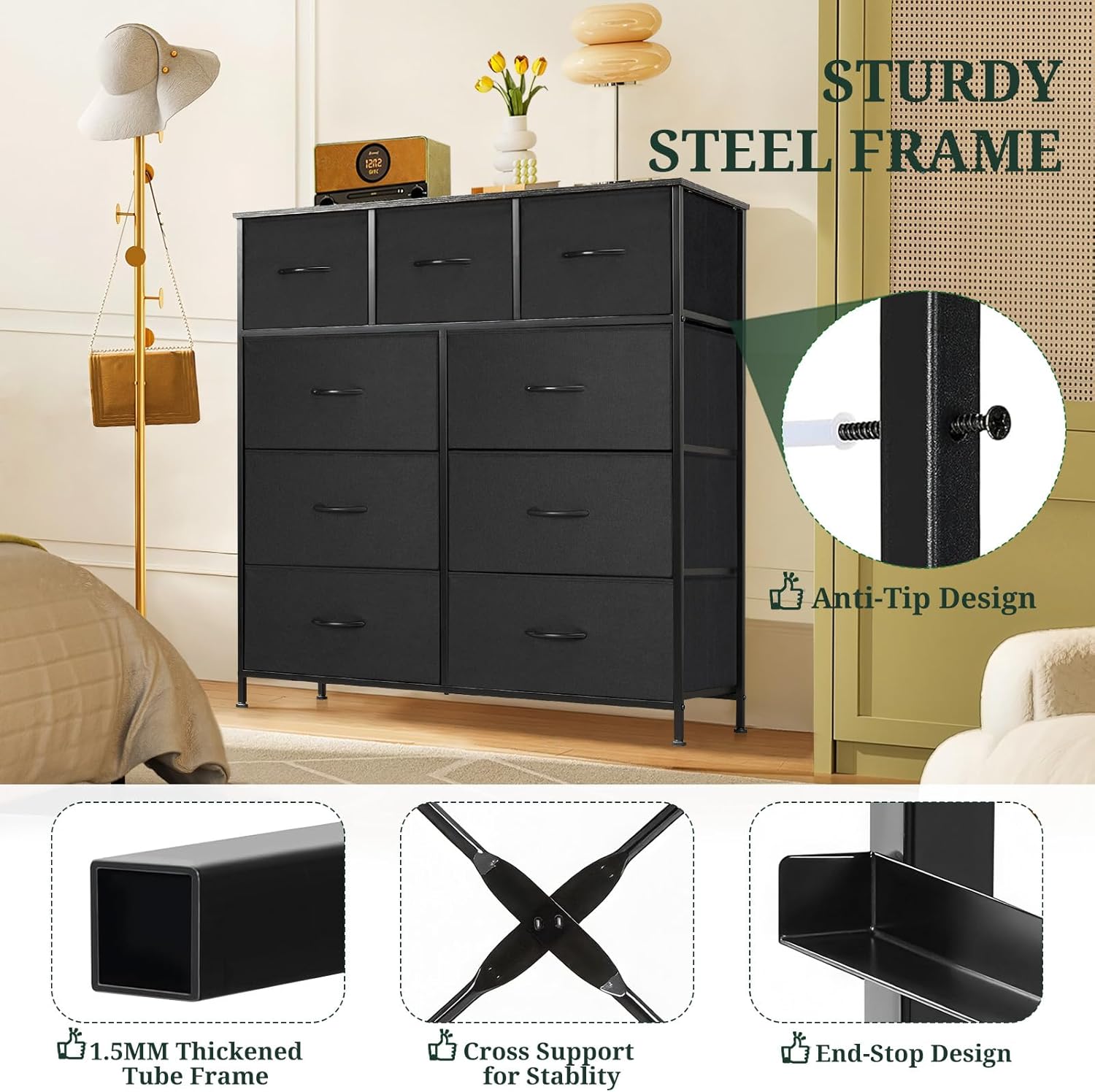 SageNest 9-Drawer Anti-Tip Dresser - Spacious Bedroom Storage Chest with Fabric Drawers for Closets & Entryways