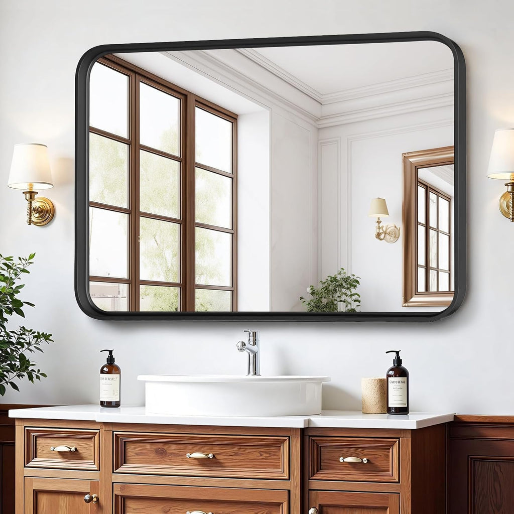 Atilioo 30x22 Inch Matte Black Framed Wall Mirror - Shatterproof Tempered Glass for Bathroom Vanity
