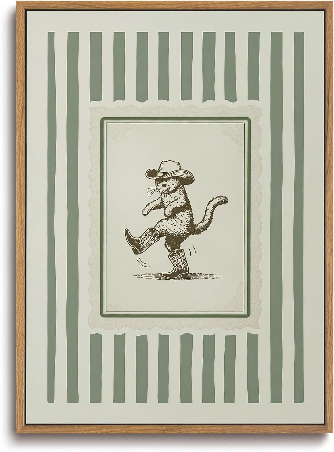 ZZLWBKGL Vintage Western Cowboy Cat Framed Wall Art - Boho Striped Canvas Print for Kids Room & Living Space