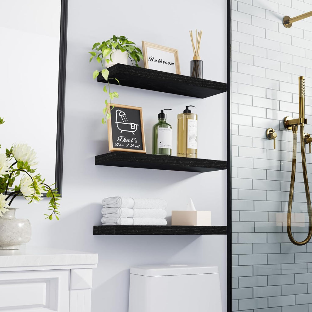 BAYKA Rustic Floating Shelves for Bathroom & Bedroom - 3-Pack Black, 22lb Capacity