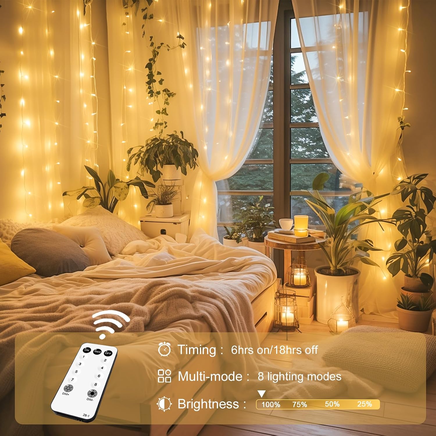 JMEXSUSS 300 LED Remote Control Indoor Outdoor Curtain Lights - Warm White