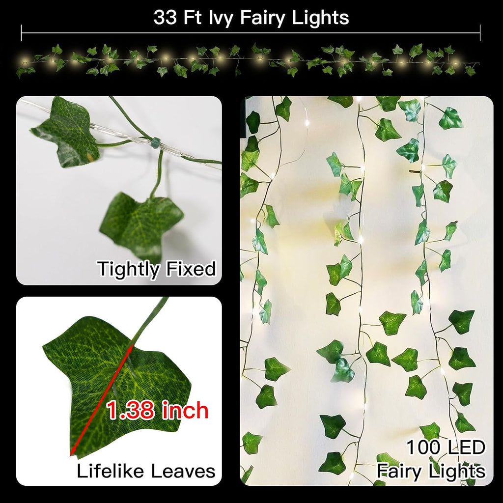 Suddus Battery-Operated Pothos Vine String Lights - 100 Warm White LEDs w/ Remote for Decor