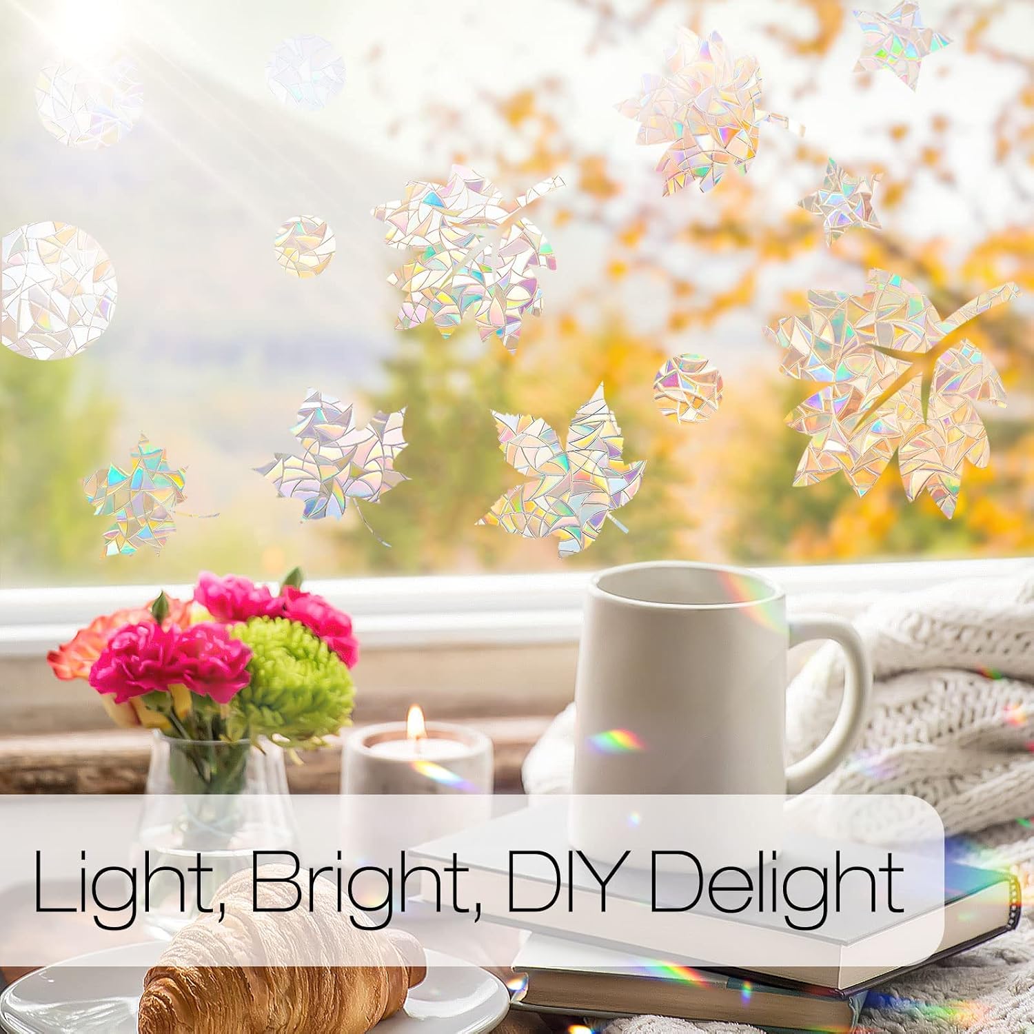 rabbitgoo Rainbow Window Film - Decorative Stained Glass Cling for Privacy & UV Protection