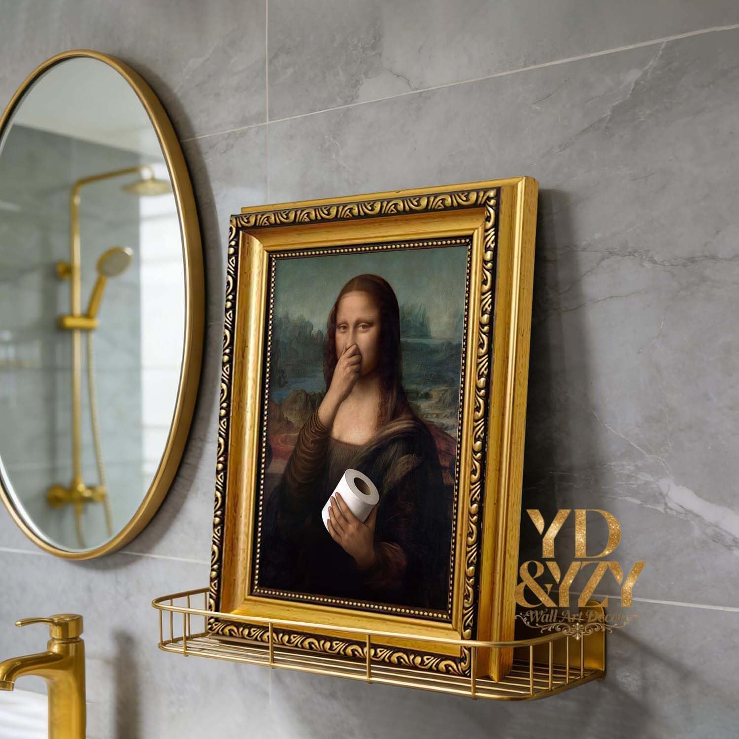 YD&YZY Humorous Gold Framed Bathroom Wall Art - Mona Lisa Pinching Nose Toilet Decor 8x10 inch