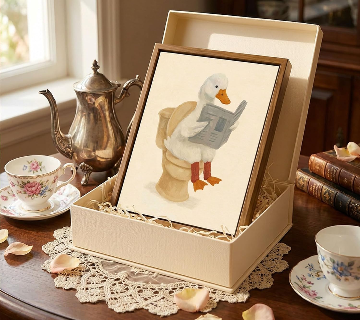 Funny Bathroom Wall Art: Goose Reading Newspaper Framed Canvas Print (8x10in)