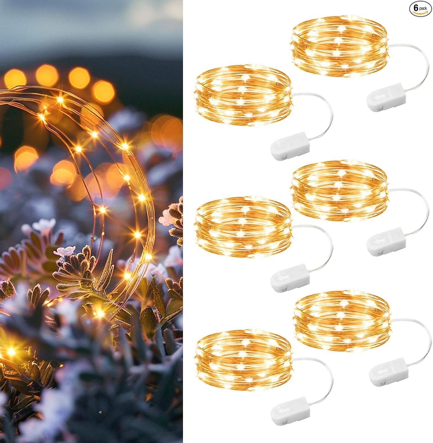HXWEIYE 6-Pack Battery-Operated Warm White Mini Fairy Lights for Indoor/Outdoor Decor