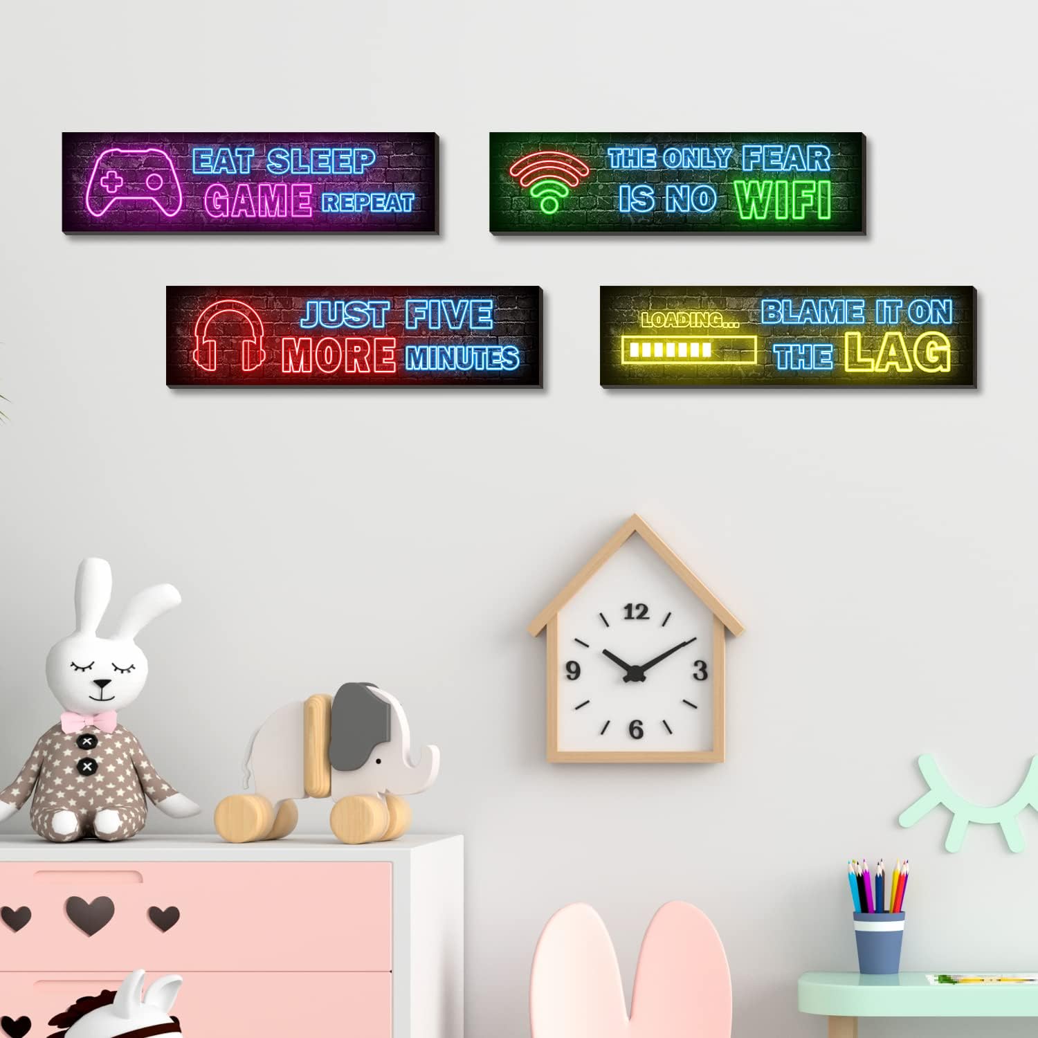 4-Piece Neon Gaming Wall Posters for Teen Boys' Rooms - Gamer Decor Set by Simimi Art