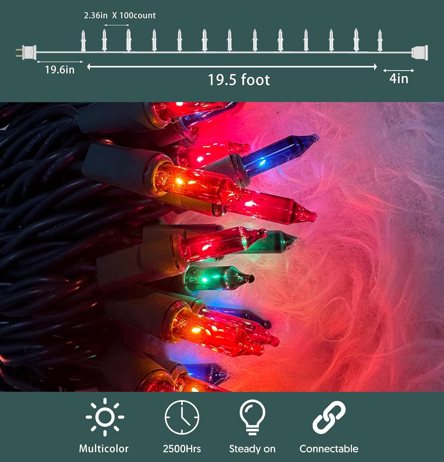 HISHINY 100-Count Multicolor Christmas String Lights (21ft) - UL Certified Indoor/Outdoor Decor