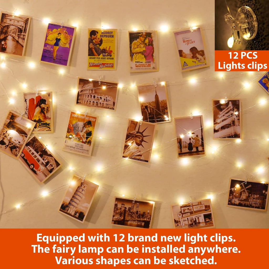 HXWEIYE 120LED Warm White 40Ft Fairy String Light w/52 Clips & Hooks - USB Powered, Waterproof, 8 Modes