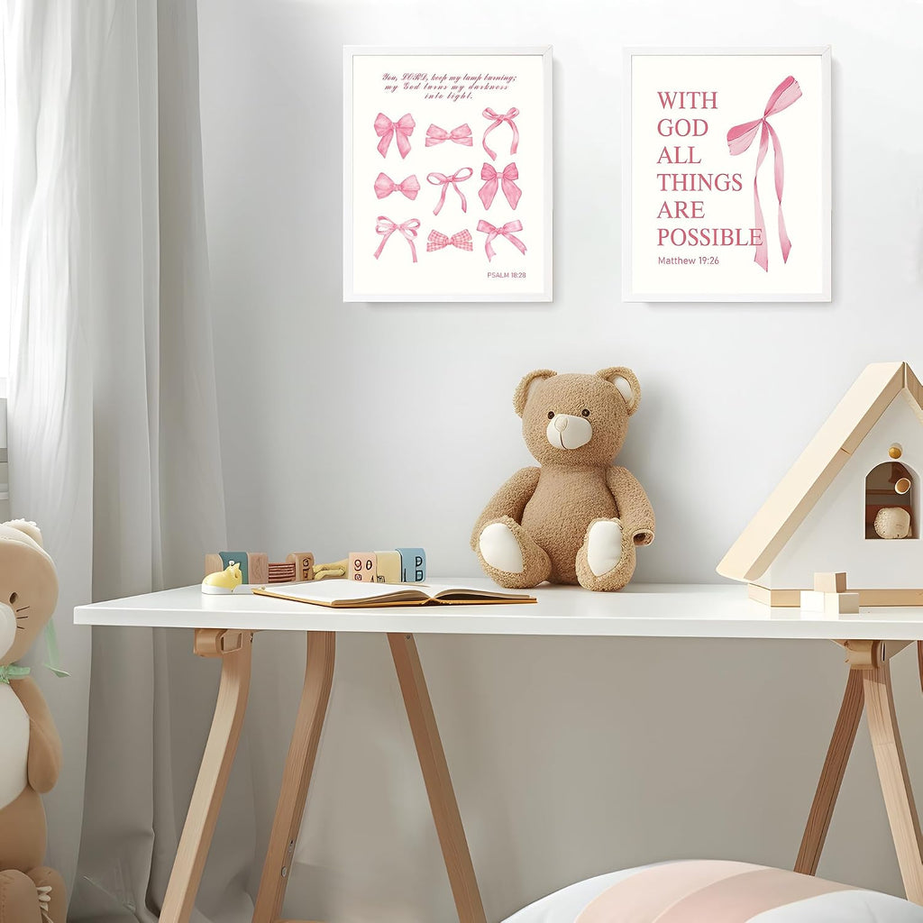 LARTSFRO Pink Bow Christian Wall Art Set - 8x10 Inch Unframed Prints for Girls Room Decor