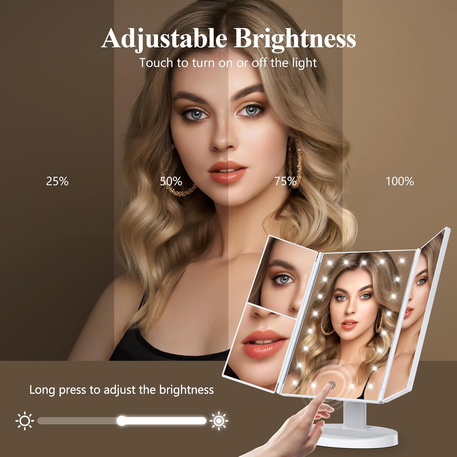 HUONUL Lighted Makeup Mirror - 2X/3X/10X Magnification, Trifold, Dual Power