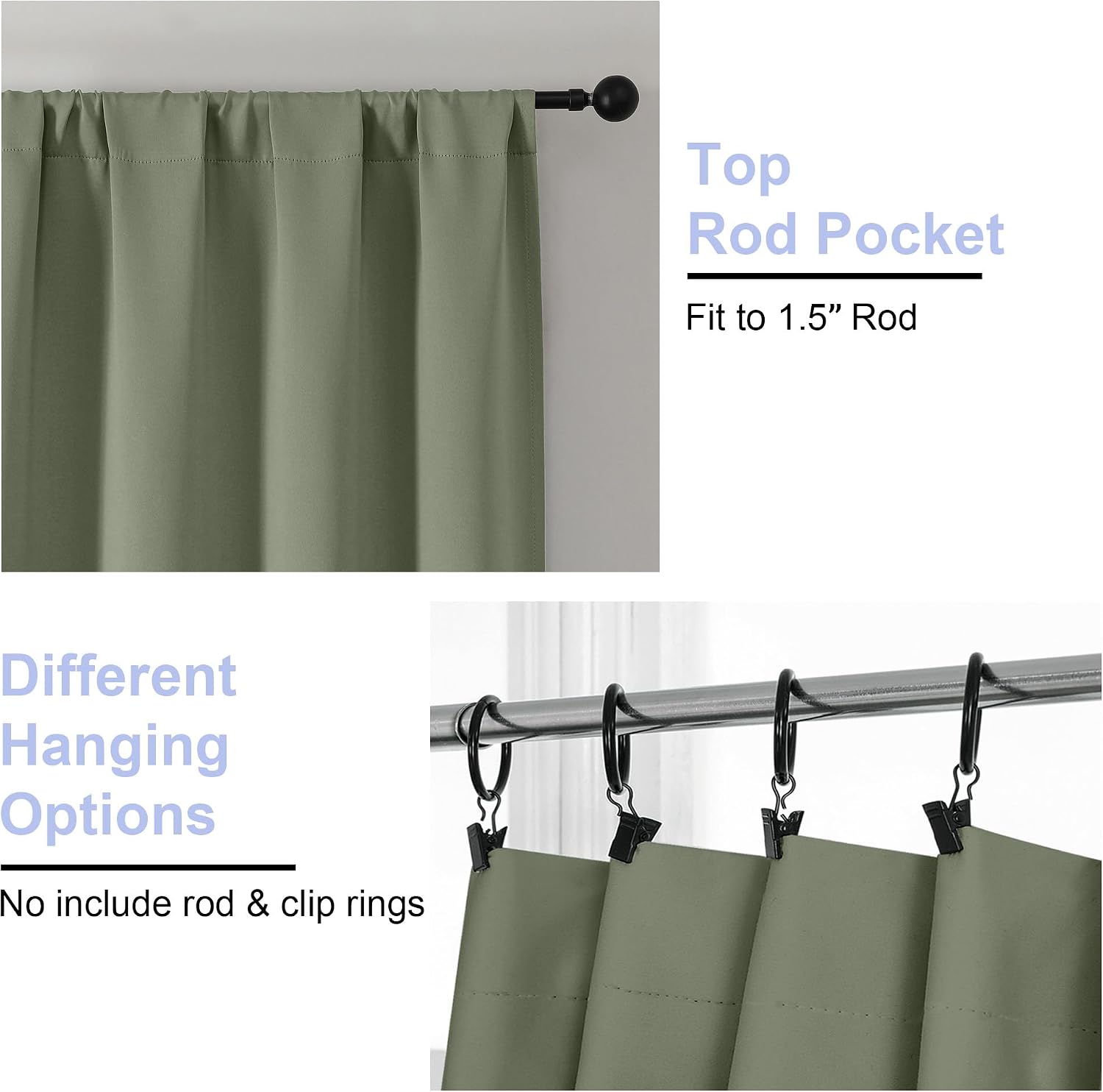 Simplebrand Sage Green Blackout Curtains - Bedroom Thermal Insulated Drapes, 63" Length, 2 Panels