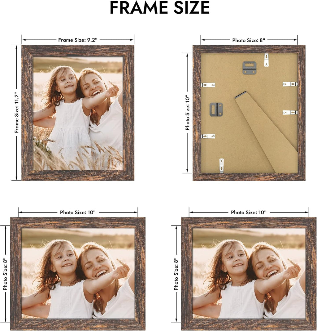 Hongkee 8x10 Wooden Picture Frame - Real Glass Rustic Brown, Wall/Tabletop Display