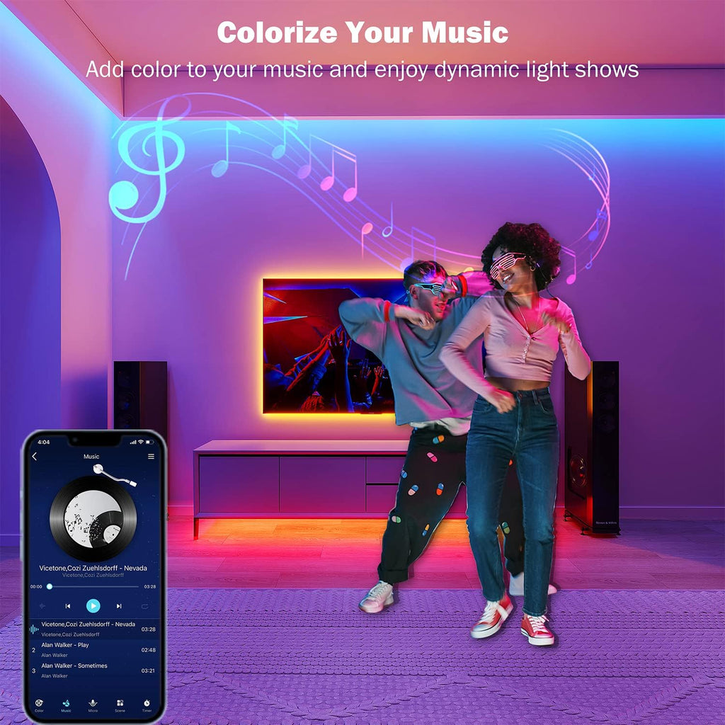 Leeleberd 100ft Music Sync RGB LED Strip Lights - Bluetooth App Control for Bedroom Decor