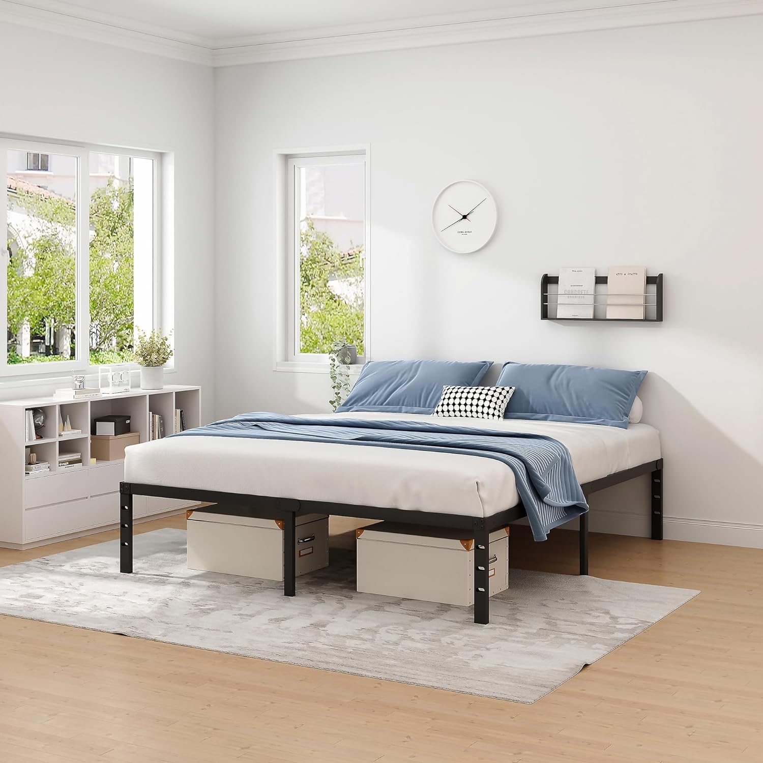NEW JETO Queen Size Metal Bed Frame w/Storage - Heavy Duty Sturdy Mattress Foundation (No Box Spring)