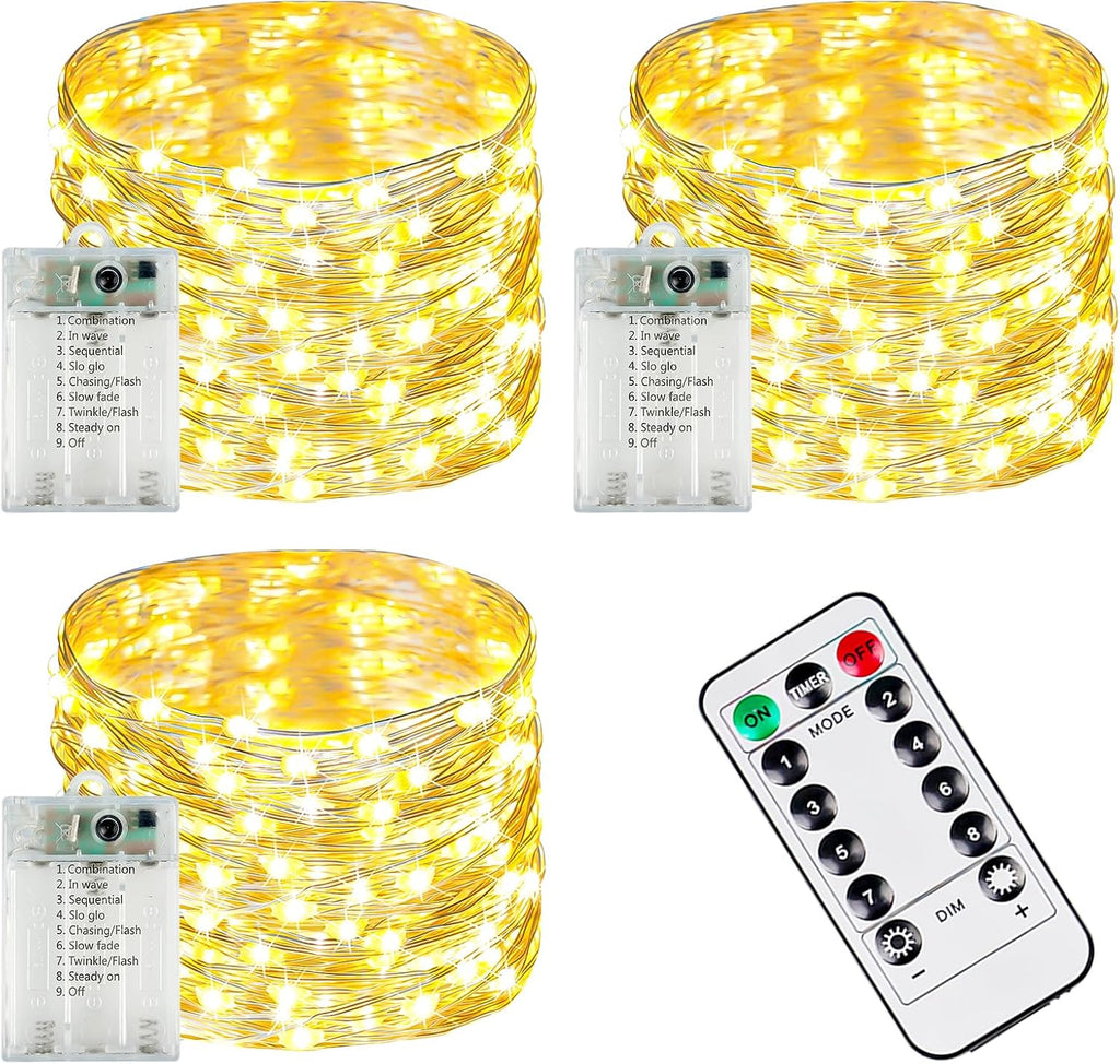 YIQU 3-Pack 78FT Battery-Operated LED Fairy Lights with Remote Timer - Waterproof Twinkle Lights for Home & Outdoor Decor