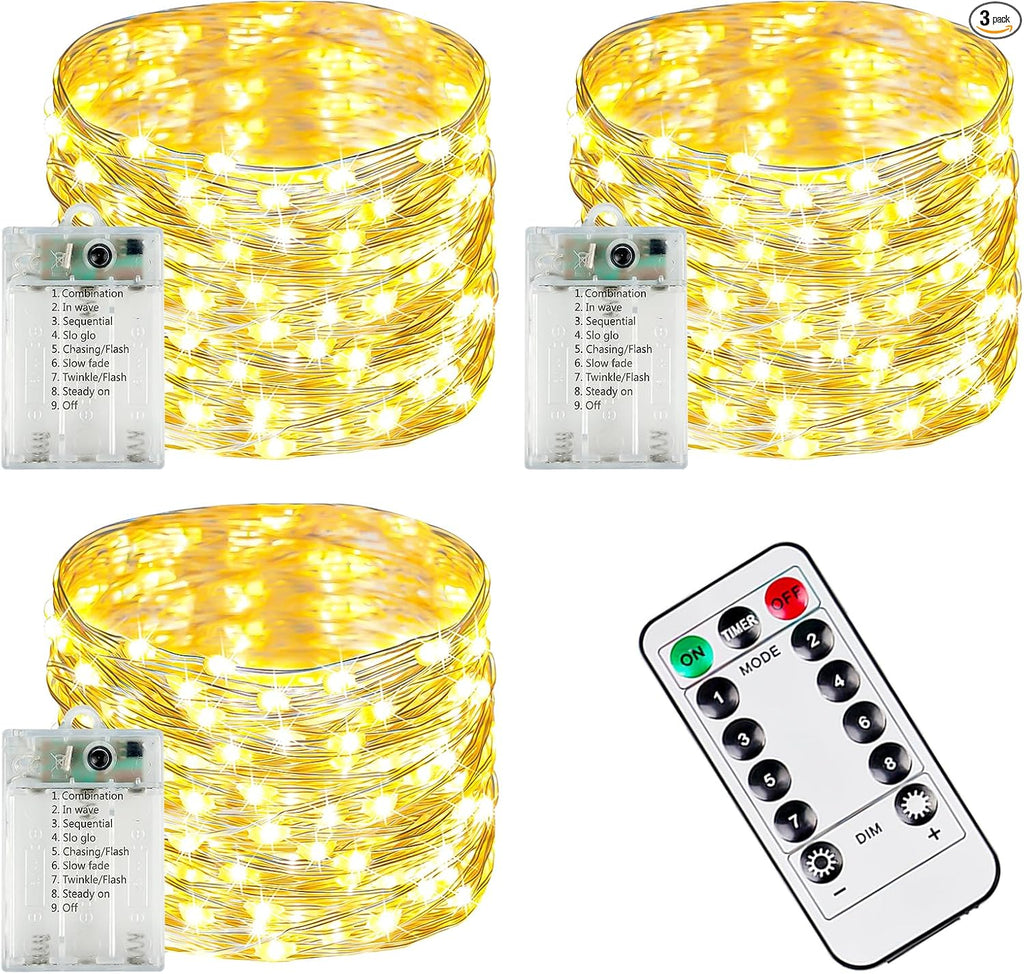 YIQU 3-Pack 78FT Battery-Operated LED Fairy Lights with Remote Timer - Waterproof Twinkle Lights for Home & Outdoor Decor