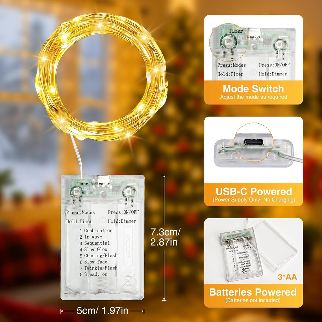 Fairdeer 16ft 50 LED Battery Fairy Lights with Timer - Warm White String Lights for Home Decor