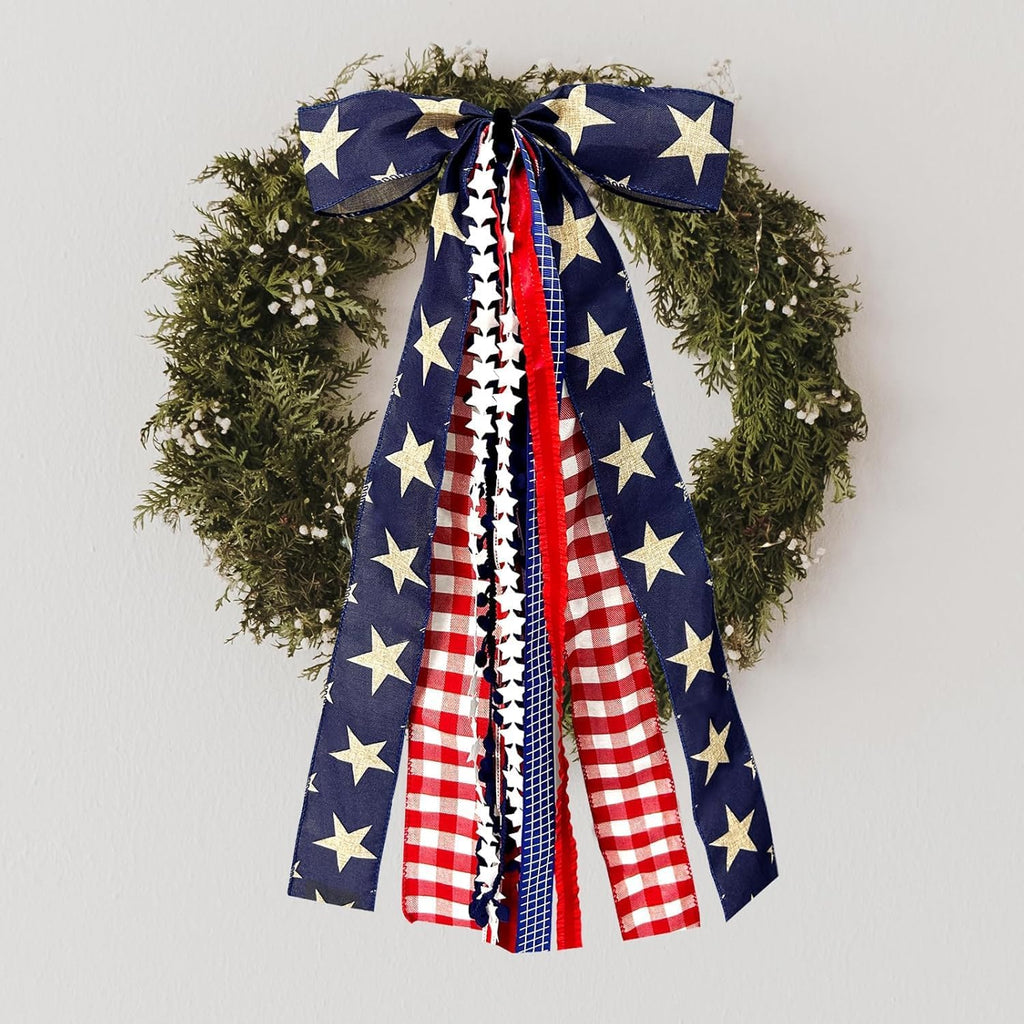 AZYM Large Patriotic Ribbon Bow - 4th of July Red White Blue Burlap Bow with Clip-On for Front Door Decor