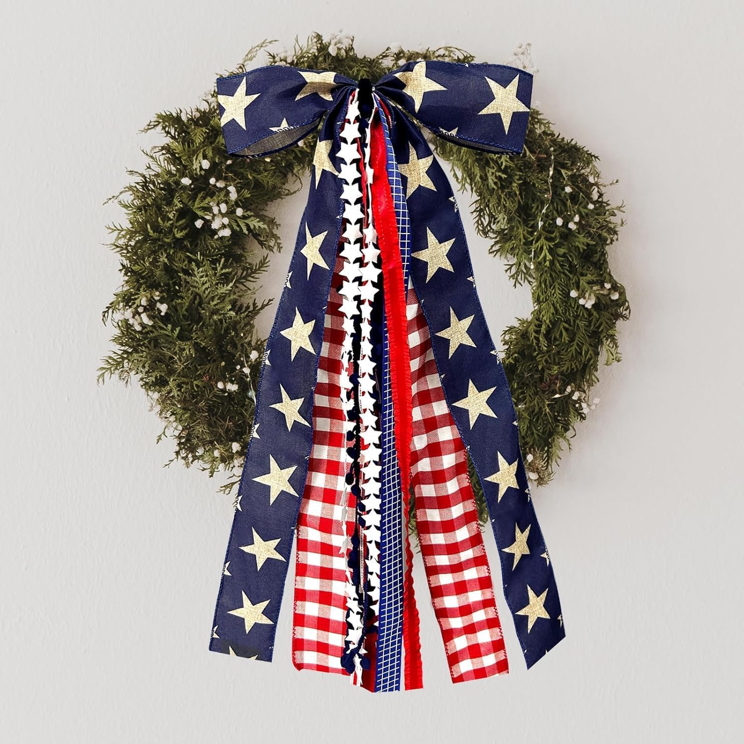 AZYM Large Patriotic Ribbon Bow - 4th of July Red White Blue Burlap Bow with Clip-On for Front Door Decor