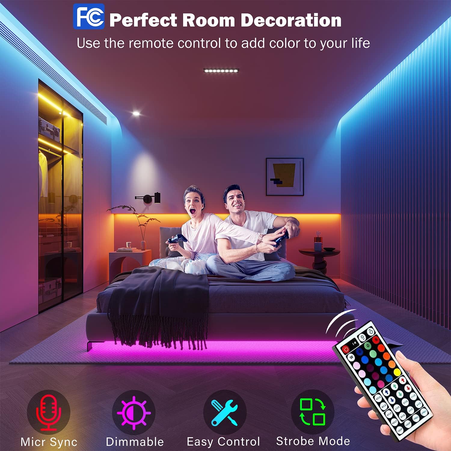 Leeleberd 100ft Music Sync RGB LED Strip Lights - Bluetooth App Control for Bedroom Decor