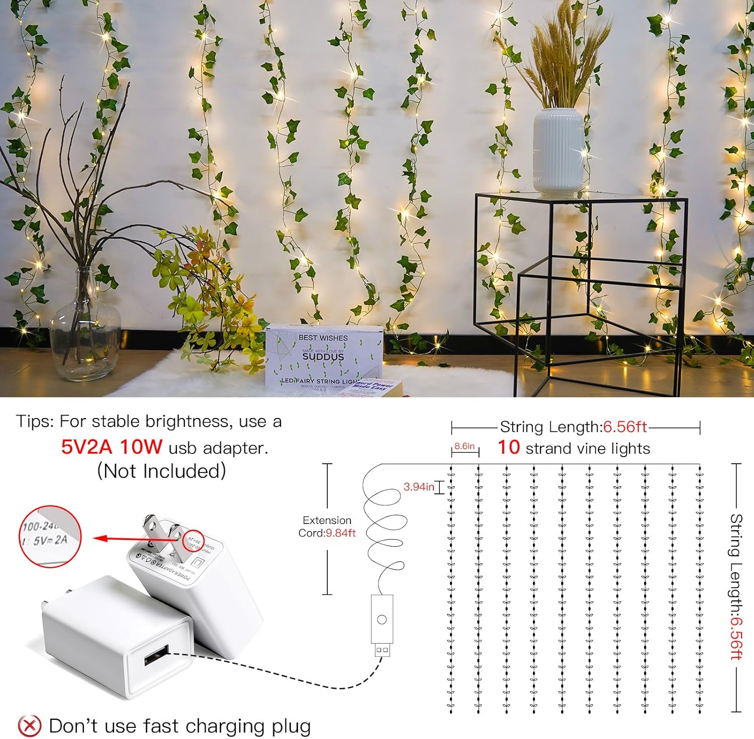 Suddus 200 LED Ivy Curtain Lights for Bedroom - 6.5ft x 6.5ft with Remote (Warm White)