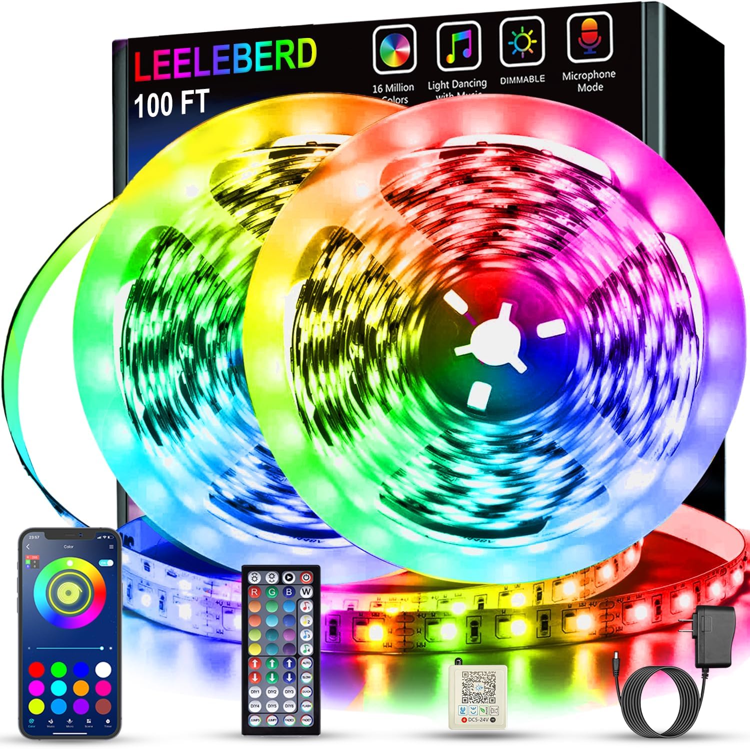 Leeleberd 100ft Music Sync RGB LED Strip Lights - Bluetooth App Control for Bedroom Decor