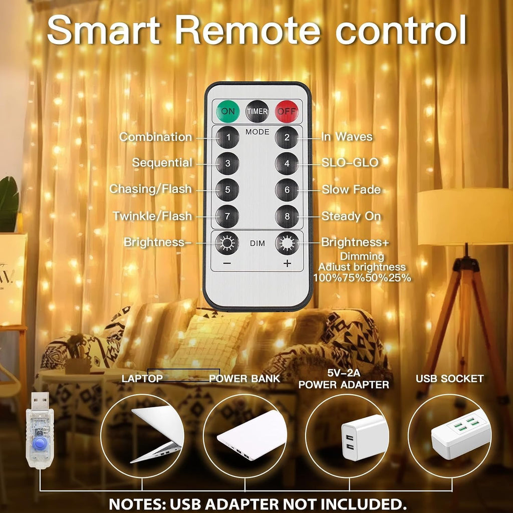 Suddus 200 LED Warm White Indoor/Outdoor Curtain Lights - Fairy String Lights for Bedroom, Christmas Decor