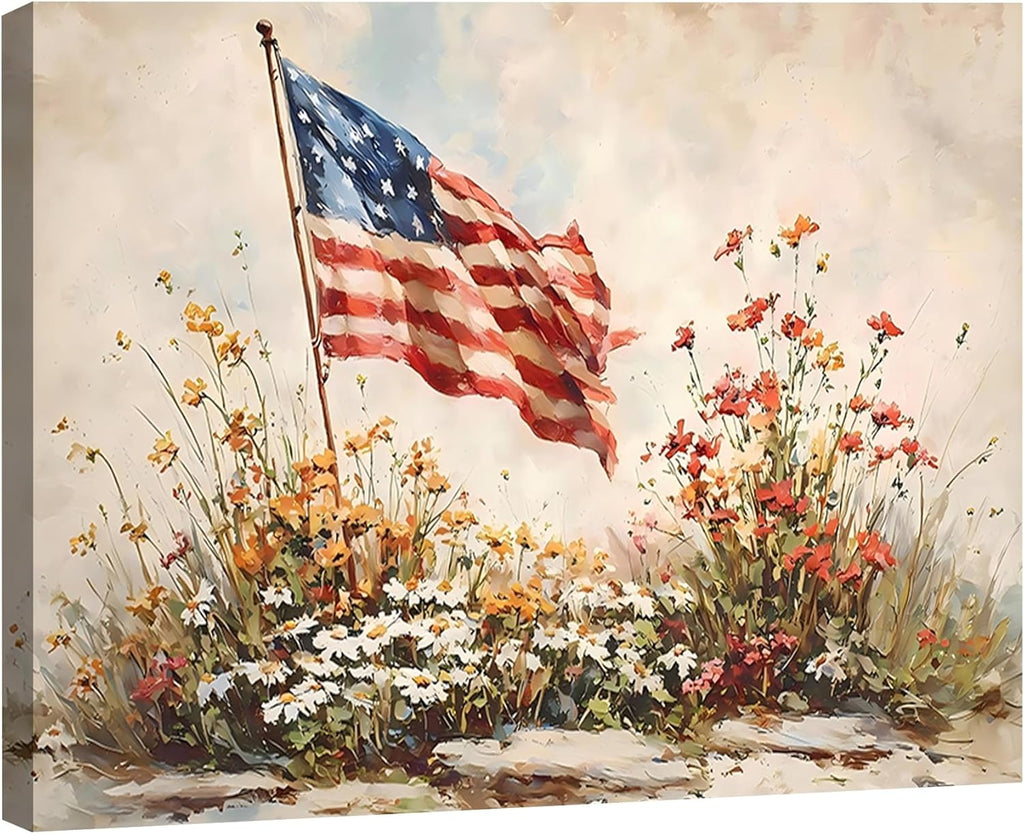 RIBNTAK 4th of July American Flag Canvas Wall Art - Framed Patriotic Print 8x12in