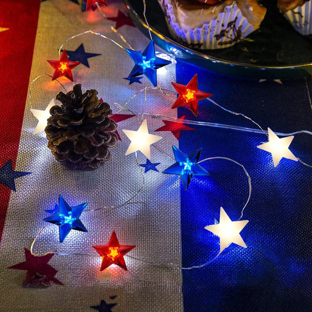 Ineximun 4th of July Patriotic String Lights - Red White Blue Battery Operated 16ft 50LED with Timer & Remote