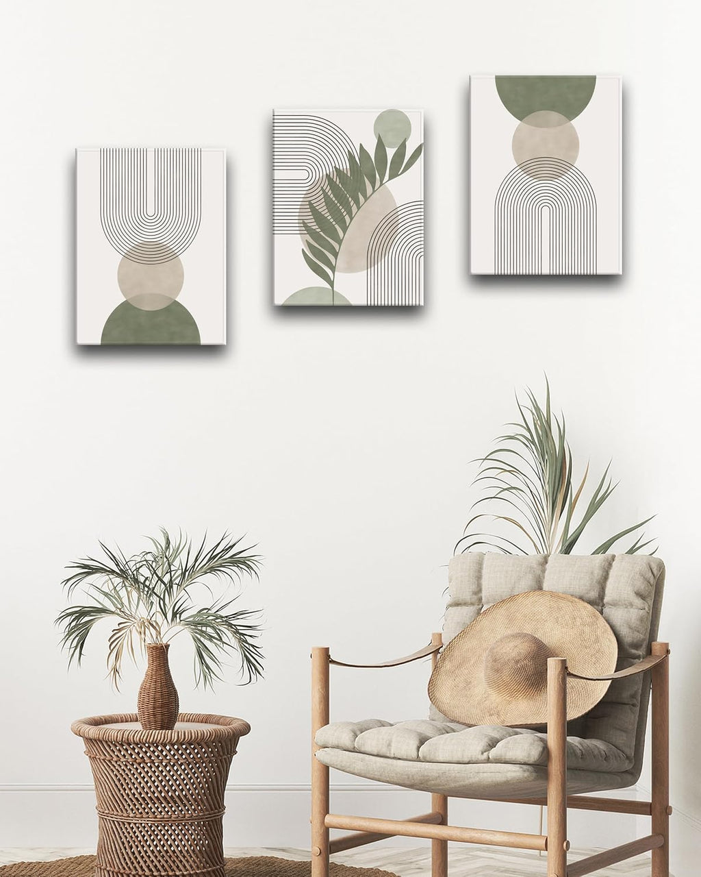 HesenDot Sage Green Boho Framed Canvas Wall Art - 3 Pack for Bedroom/Bathroom/Office