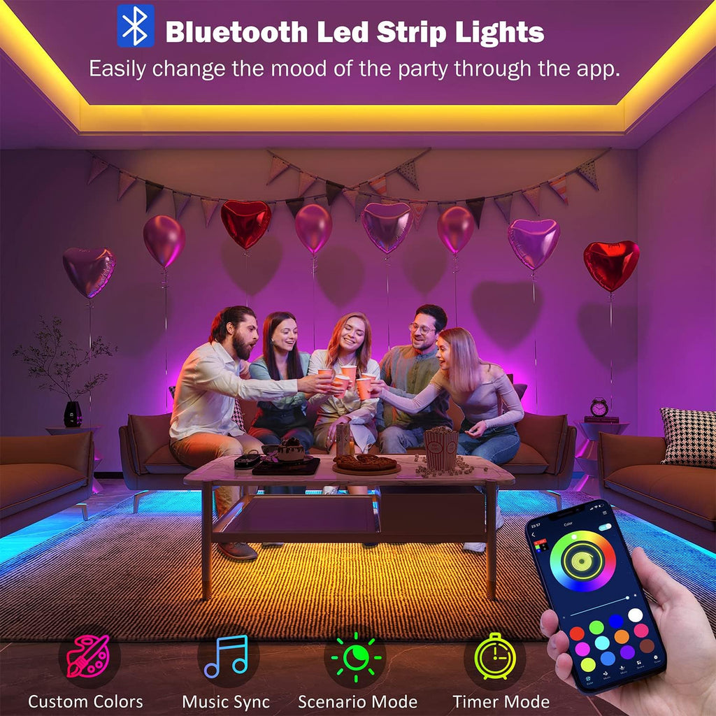 Leeleberd 100ft Music Sync RGB LED Strip Lights - Bluetooth App Control for Bedroom Decor