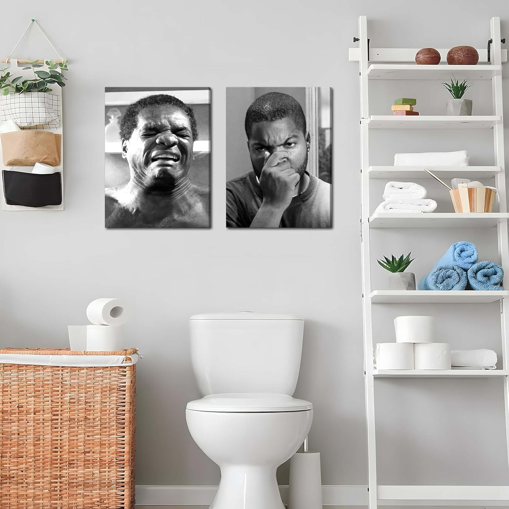 Funny Bathroom Wall Art Set of 2 - Black & White Comedy Movie Posters (12x16in) by ZNHART