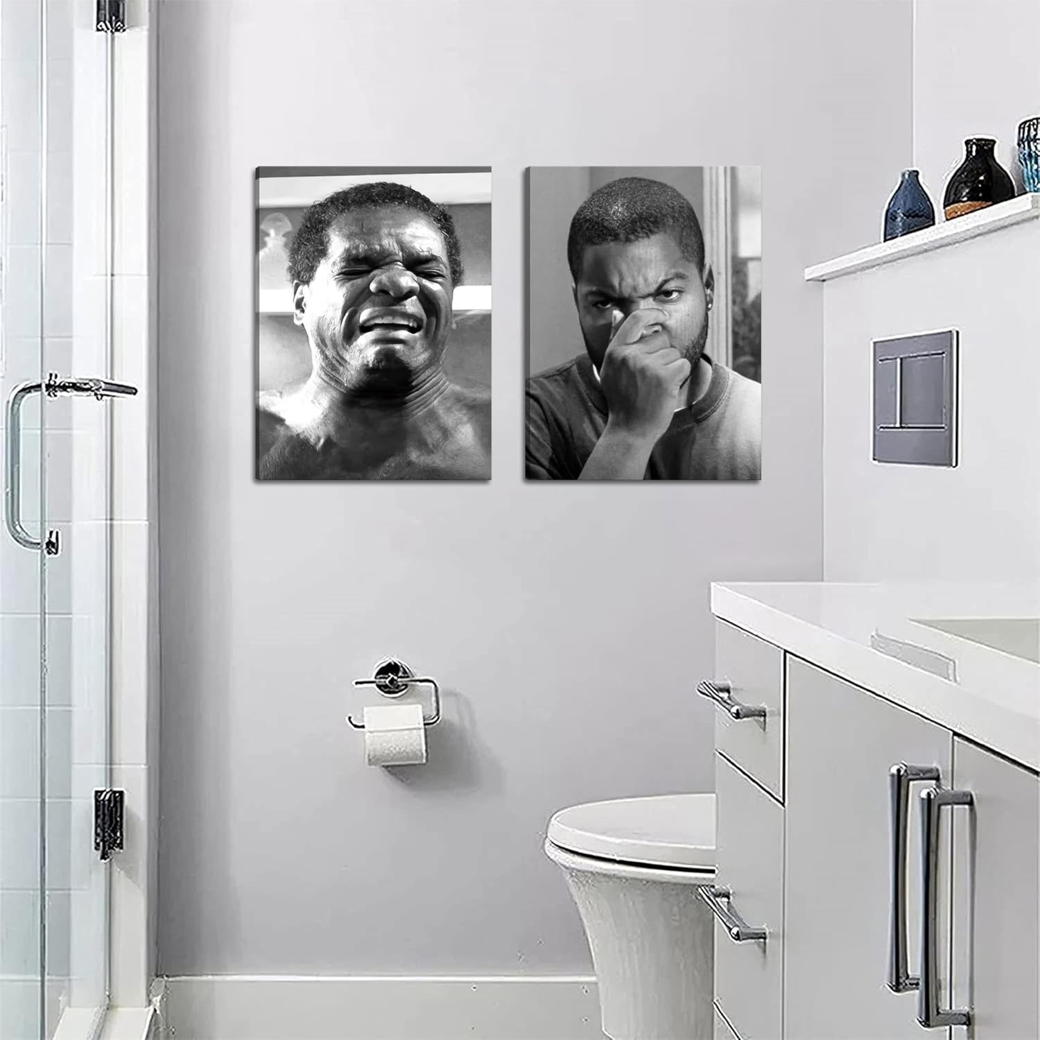 Funny Bathroom Wall Art Set of 2 - Black & White Comedy Movie Posters (12x16in) by ZNHART