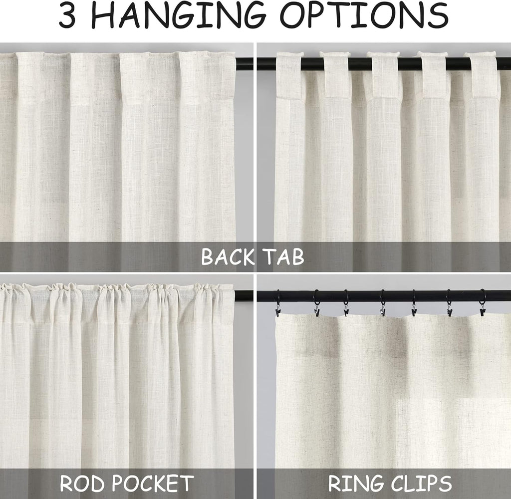 Nanspring 84" Linen Blend Back Tab Curtains (2 Panels) - Modern Farmhouse Semi Sheer Drapes