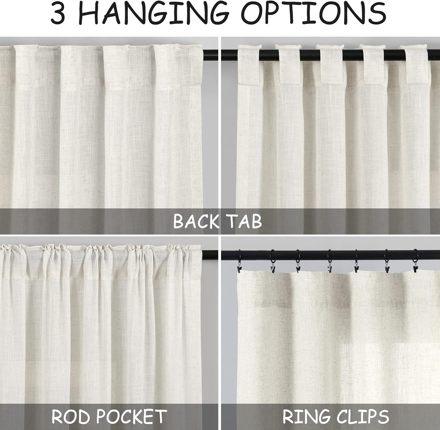 Nanspring 84" Linen Blend Back Tab Curtains (2 Panels) - Modern Farmhouse Semi Sheer Drapes