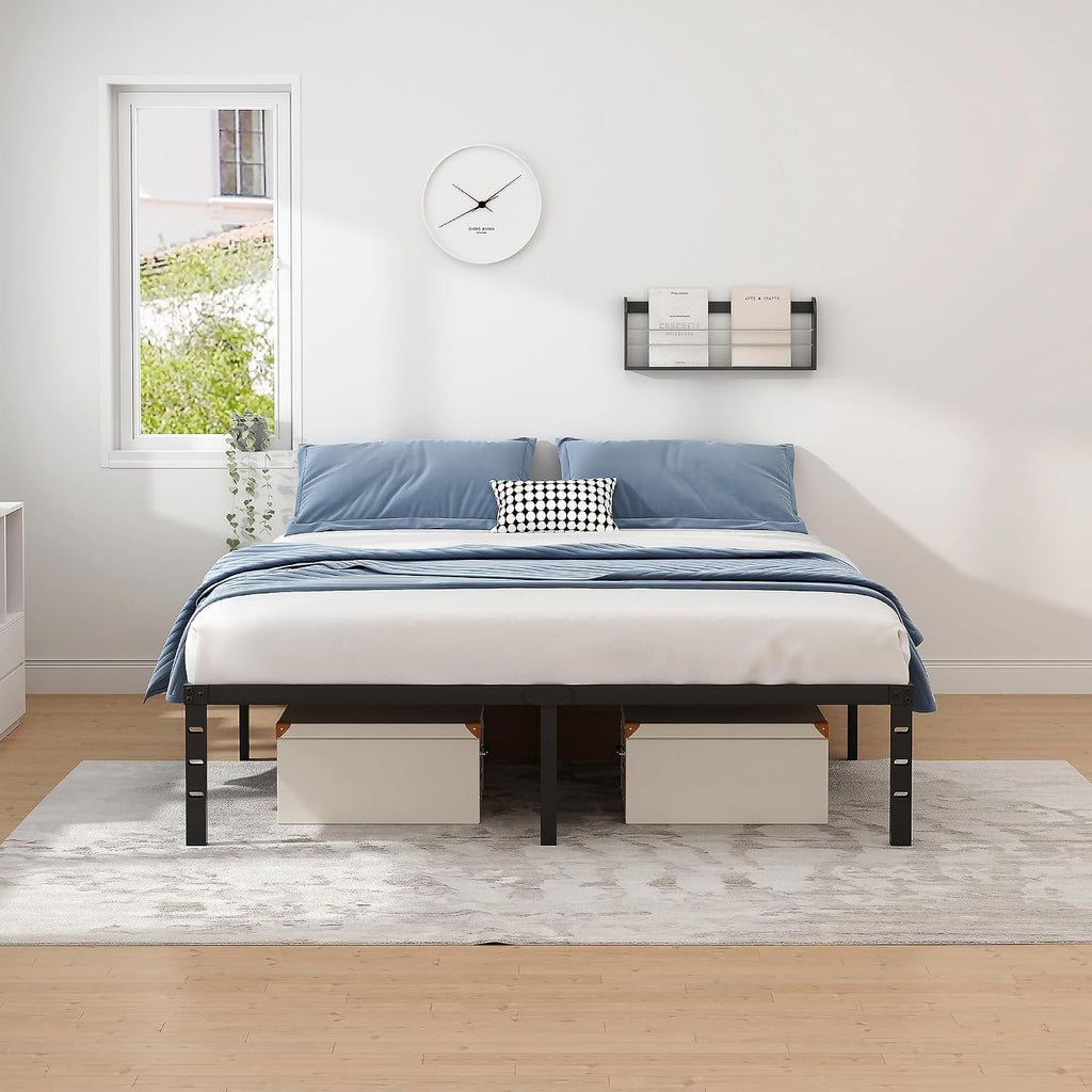 NEW JETO Queen Size Metal Bed Frame w/Storage - Heavy Duty Sturdy Mattress Foundation (No Box Spring)
